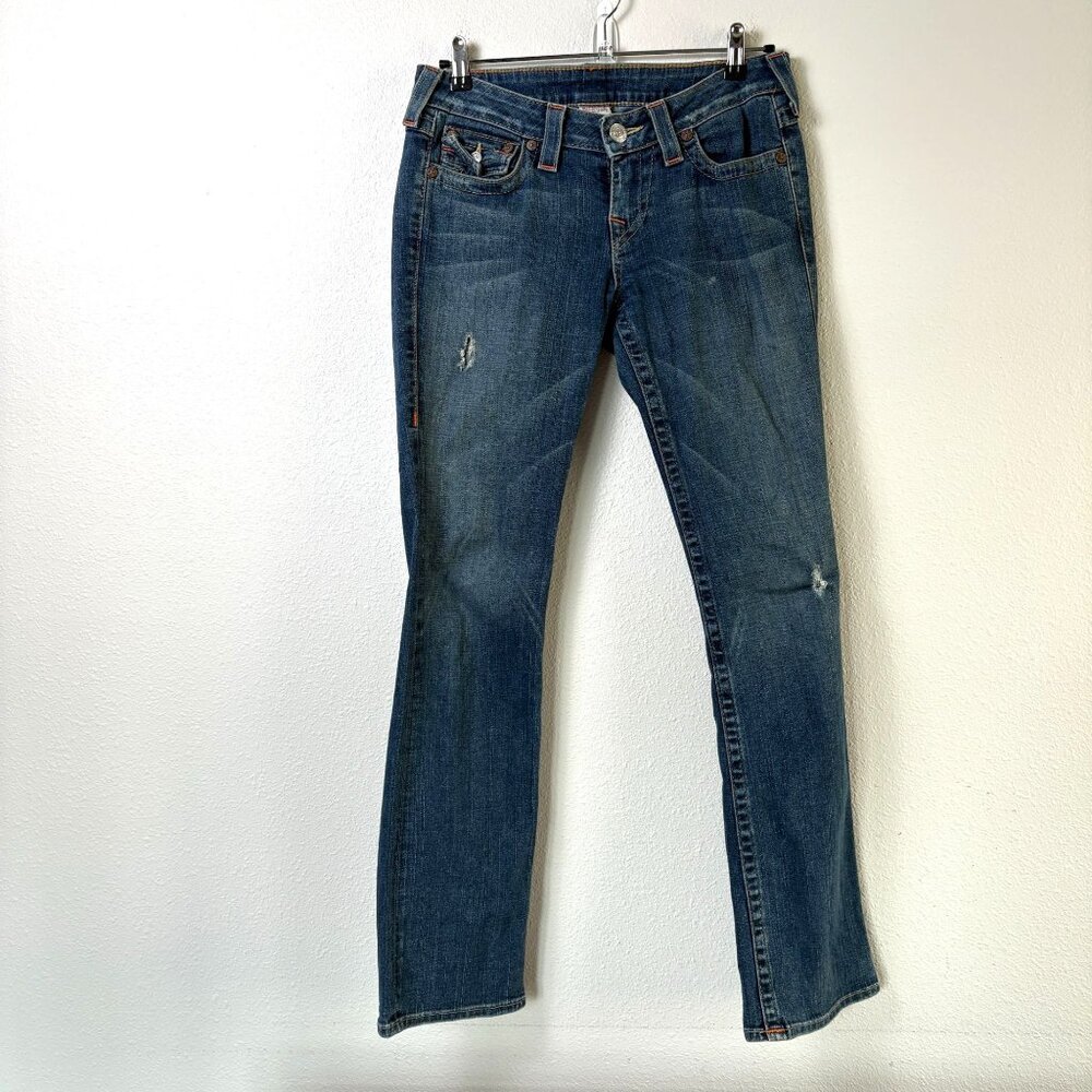 True Religion Jeans Womens 28 (30 x 32) Blue Straight Distressed Low Rise 0H41OM